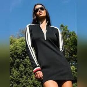 Pam & Gela Black Long Sleeve Track Dress with Striped Sleeves Black Athletic S